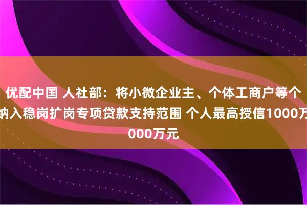 优配中国 人社部：将小微企业主、个体工商户等个人纳入稳岗扩岗专项贷款支持范围 个人最高授信1000万元